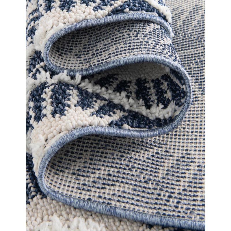 Tapis de couloir géométrique bleu en polyester tissé à la machine 2 pi 7 po x 12 pi, Rond 3 pi 3 po
