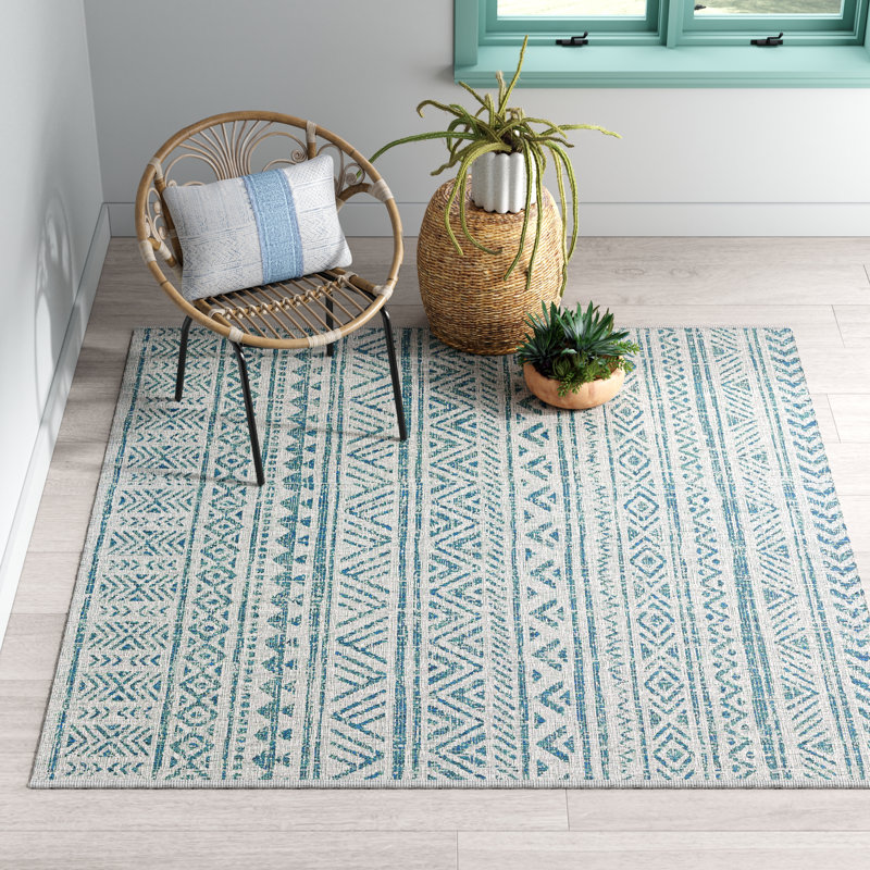 Tapis turquoise / gris tissé à la machine Tomas, Carré 6 pi 7 po