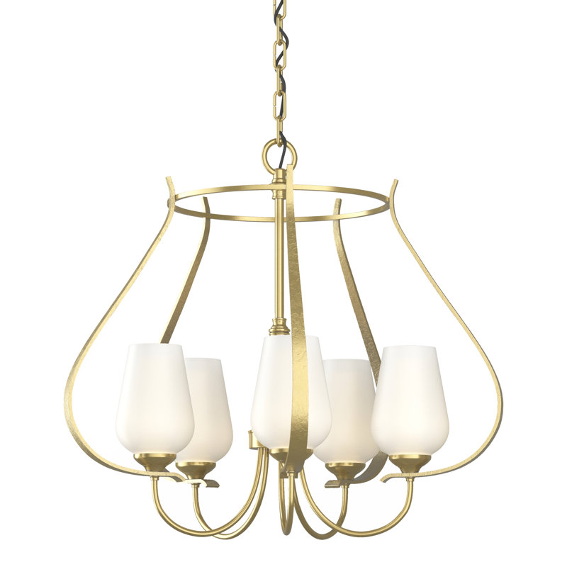 Lustre géométrique à 5 lumières Flora, Verre opale, Laiton moderne