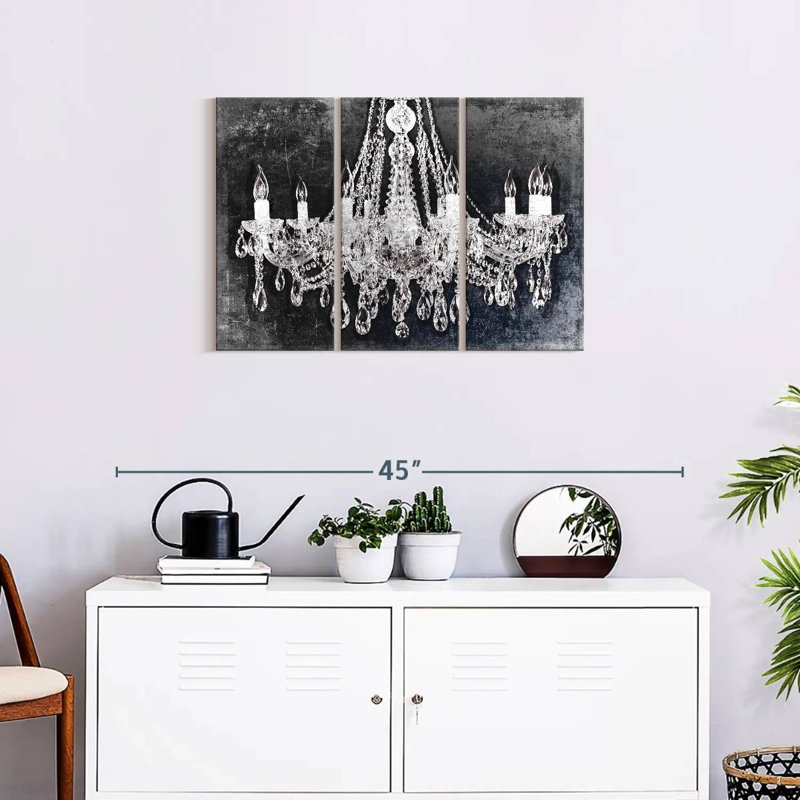 Ensemble 3 pièces de lustre en cristal grunge sur toile, H 20 po x l 33 po x P 1,25 po