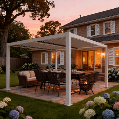 Kozyard Outdoor Louvred Pergola 12' x 12' Pergola Sun Shade All-Weather Aluminum Packing Shelter with Drainage System Adjustable Roof Waterproof for Poolside Patio Garden Yard White