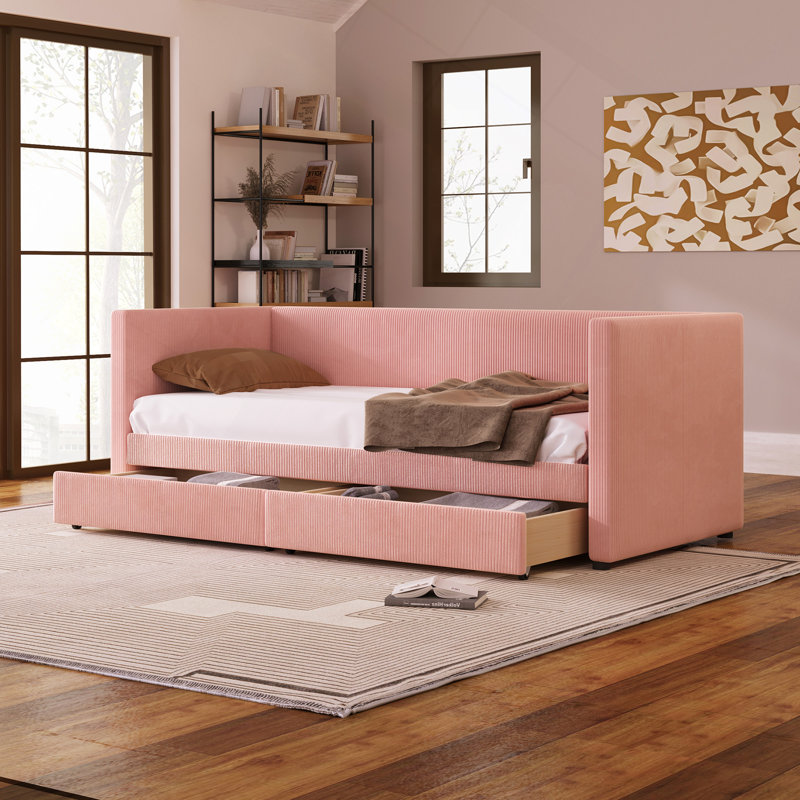 Deymar Upholstered Daybed with Two Drawers, Pink