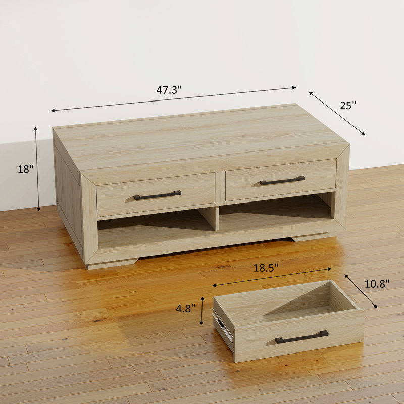 Table basse avec 4 tiroirs de rangement et tablette ouverte