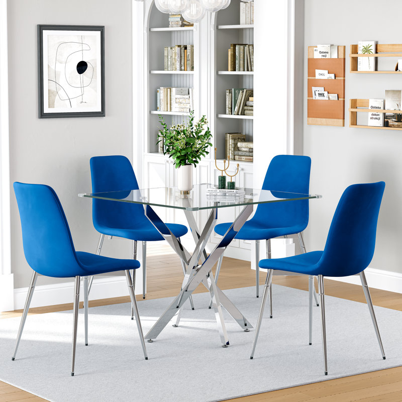 36" Square Glass Dining Table Set, Modern Stainless Steel Cross-Leg Base With 4 Velvet Upholstered Chairs, Silver/Blue/Silver