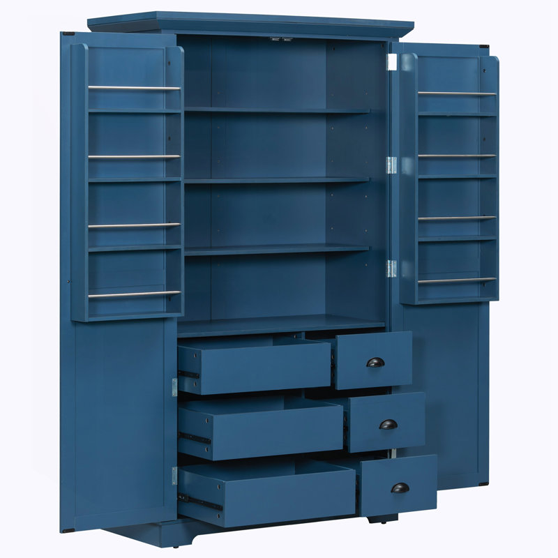 Armoire de rangement autoportante avec tablettes réglables et plateaux coulissants, Bleu