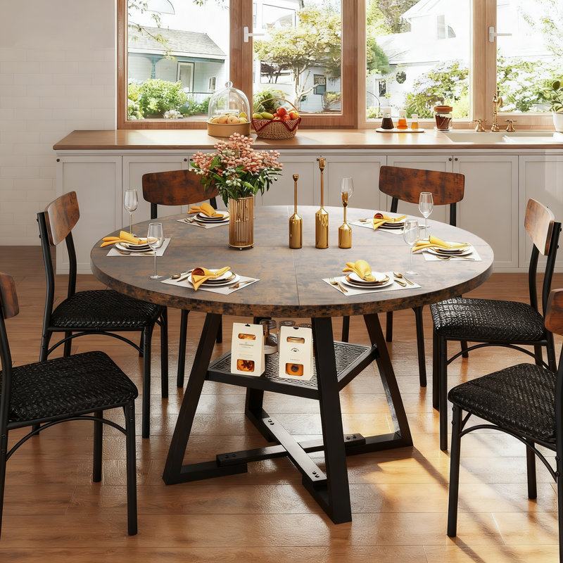 Round Dining Table Farmhouse Kitchen Table,Space Saving Dinner Table For Kitchen & Dining Room, Brown