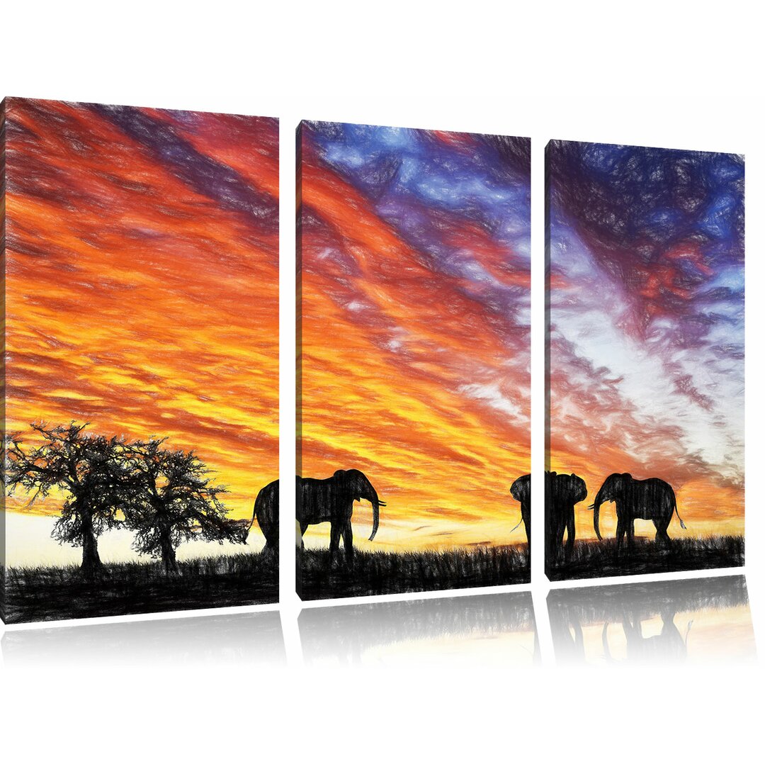 3-tlg. Leinwandbilder-Set „Elefanten in der afrikanischen Wüste bei Sonnenuntergang“, Grafikdruck