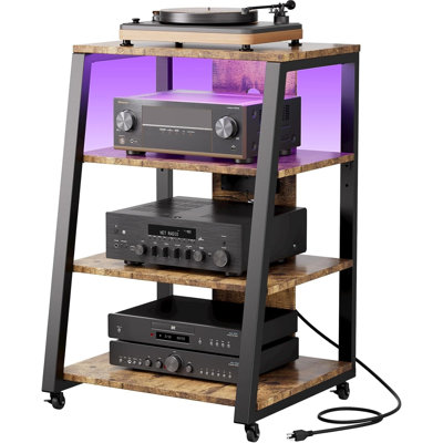 Support multimédia à 4 niveaux avec prises de courant et lumières DEL, tablettes réglables pour tourne-disque, support stéréo, armoire audio-vidéo avec gestion des câbles