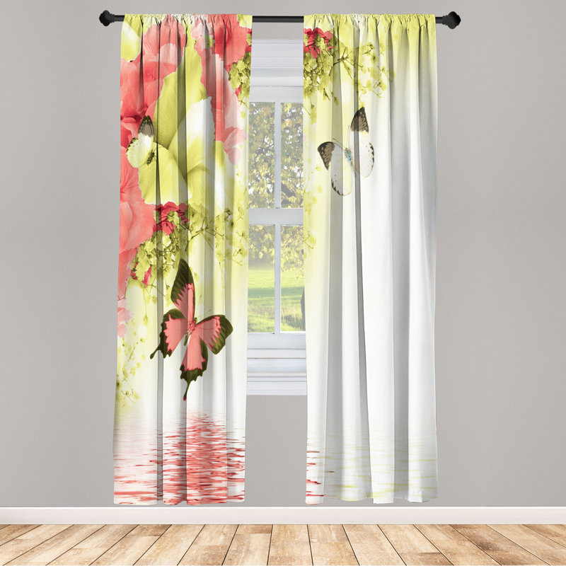 Microfiber Floral Semi-Sheer Rod Pocket Curtain Panels, 28" W x 84" L, Coral/Green