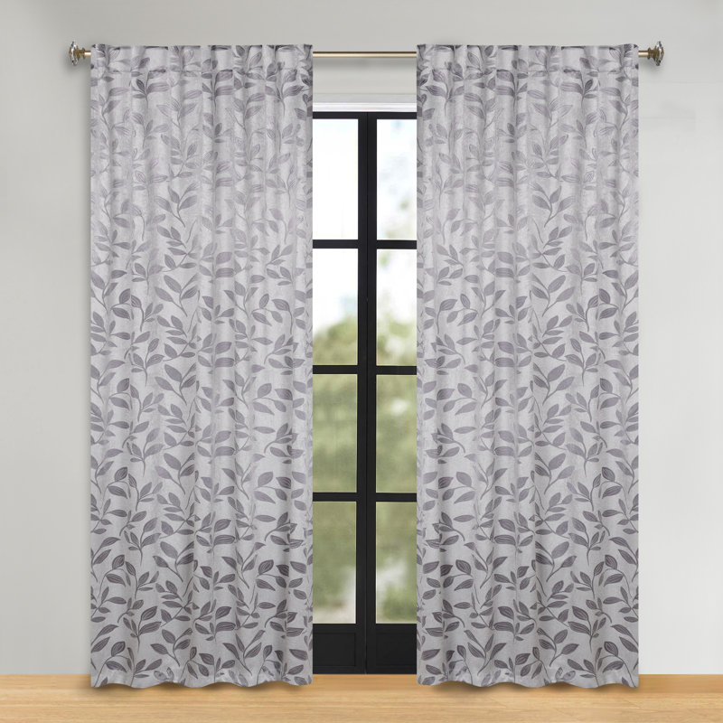  Leaves Pattern Machine Washable 100% Polyester Black Out Curtains with Back Tabs, 52" W x 84" L, Gray