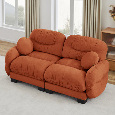 Canapé modulaire confortable à 2 places en tissu de chenille plissé avec siège ergonomique en mousse haute densité, accoudoirs arrondis arrondis et 2 coussins décoratifs ronds