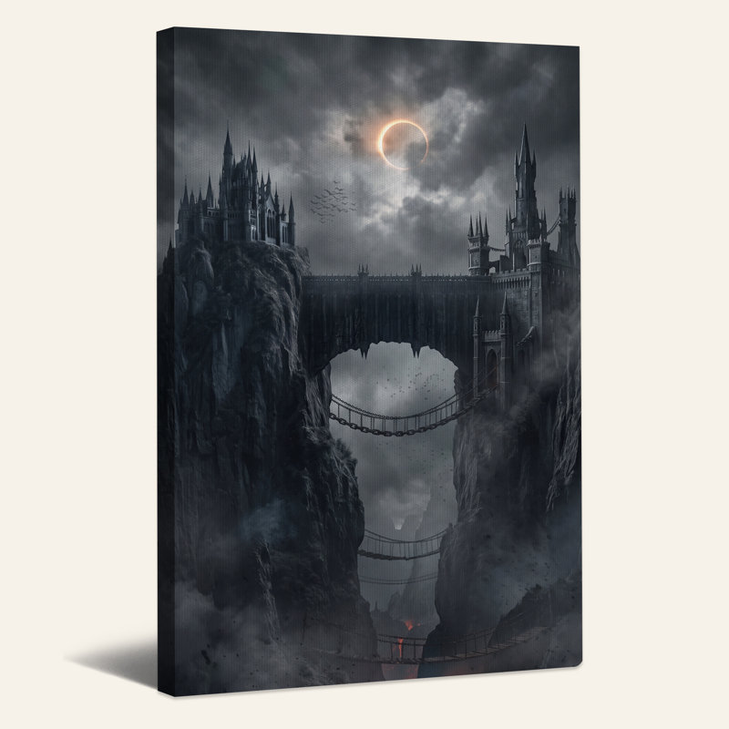 Art mural sur toile, "Dark gothic châteaux reliés par pont de pierre", H 18 po x l 12 po