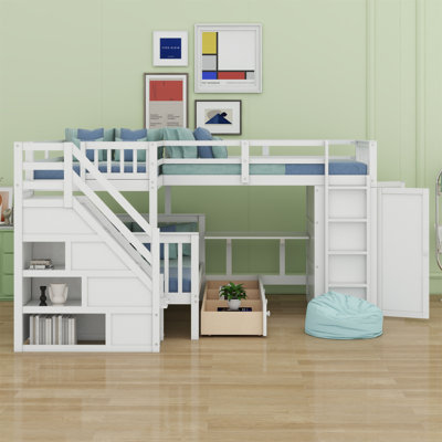 L-Shaped Bunk Bed With 3 Drawers,Portable Desk And Wardrobe