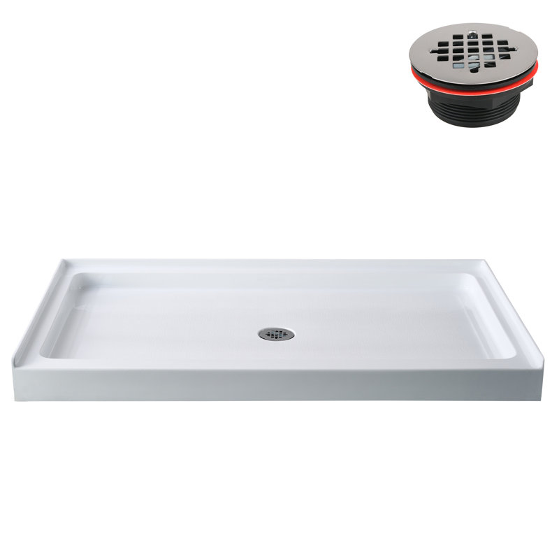 60 in. x 36 in. Alcove Acrylic Shower Base in Glossy White With Center Drain, Drain Included, Glossy White