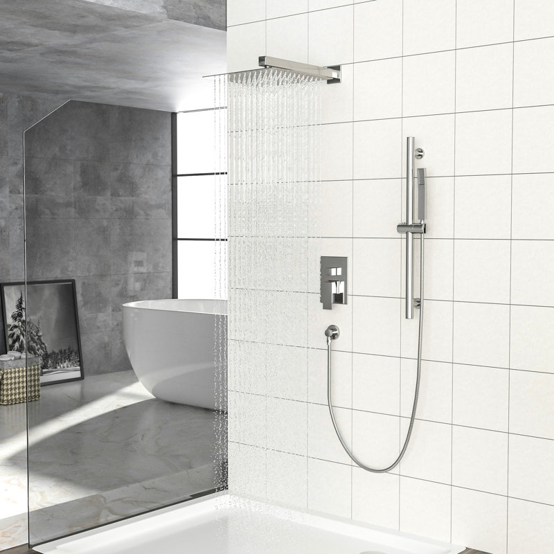 Système de douche mural carré de 10 pouces avec - soupape équilibrée, barre coulissante réglable, douche à effet pluie et à main, installation facile, tête en nickel brossé, double fonction 26,18 Scald,