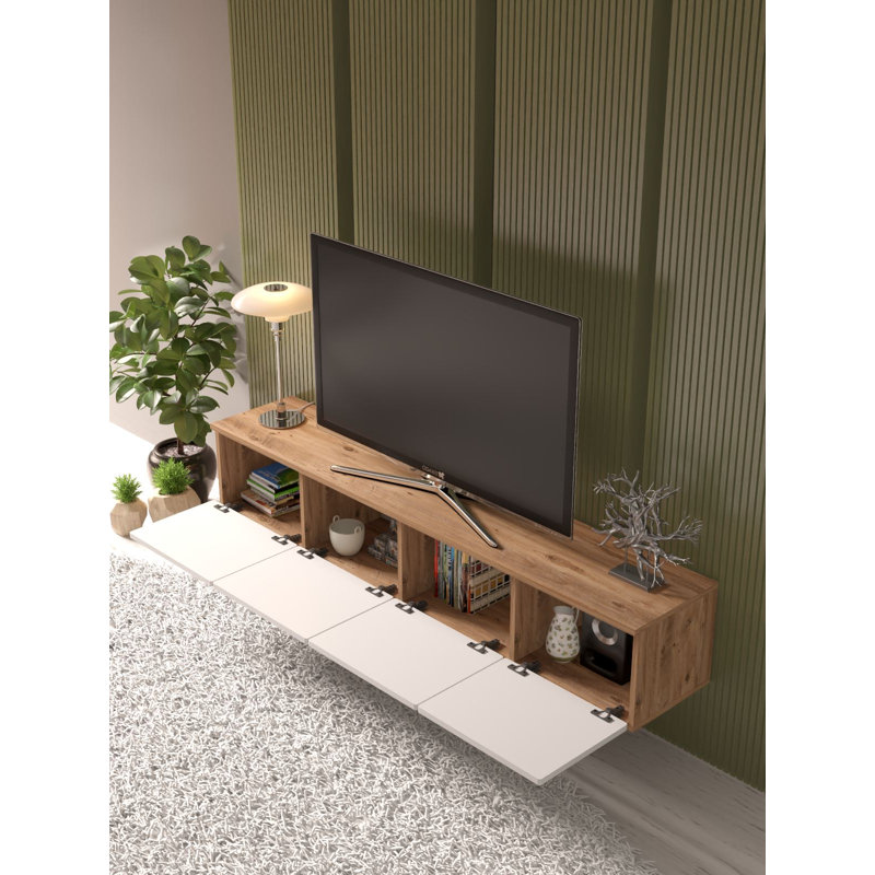 Modern TV Stand with Wall-Mount Option, Atlantic Pine & White, 70.9 x 12.6 x 19.7 inches | 100% Melamine Coated Chipboard, Thickness: 0.7 inches | Numerous Shelves for Organized Storage, Stylish Geometric Design