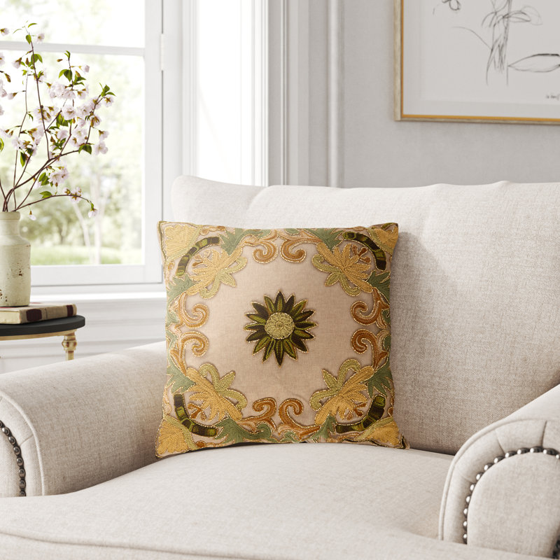 Kreutzer Embroidered Cotton Throw Pillow, Green