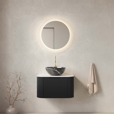 Meuble-lavabo mural de 24 po avec lavabo en céramique / bords courbés / armoire rayée 3D / tiroir coulissant pour salles de bain modernes.