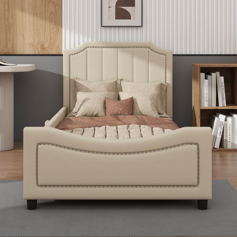 Lit de jour simple rembourré avec tête de lit rayée intemporelle, Beige
