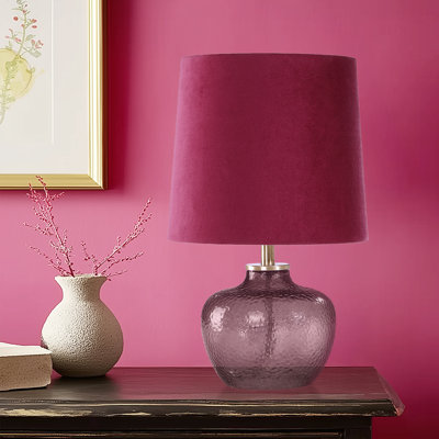 15" Small Table Lamp, Smoky Hammered Glass, Deep Red Velvet Shade, Small Spaces Home Decor