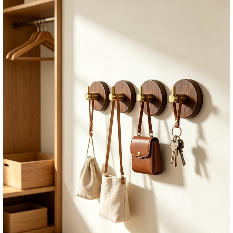 Patères murales en bois, porte-manteau en bois naturel, crochets robustes, ensemble de 4, Brun