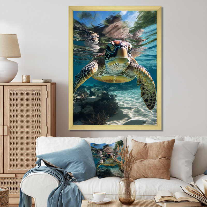 «Green Teal Turtle Portrait Stunning - Marine Animals», art mural sur toile, Cadre flottant doré