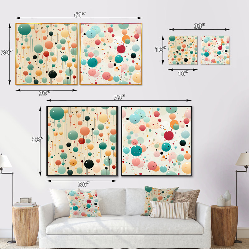 «Blue and Coral Fun Polka Dot Delights», ensemble de 2 collages carrés abstraits, Cadre flottant noir, H 16 po x l 33 po