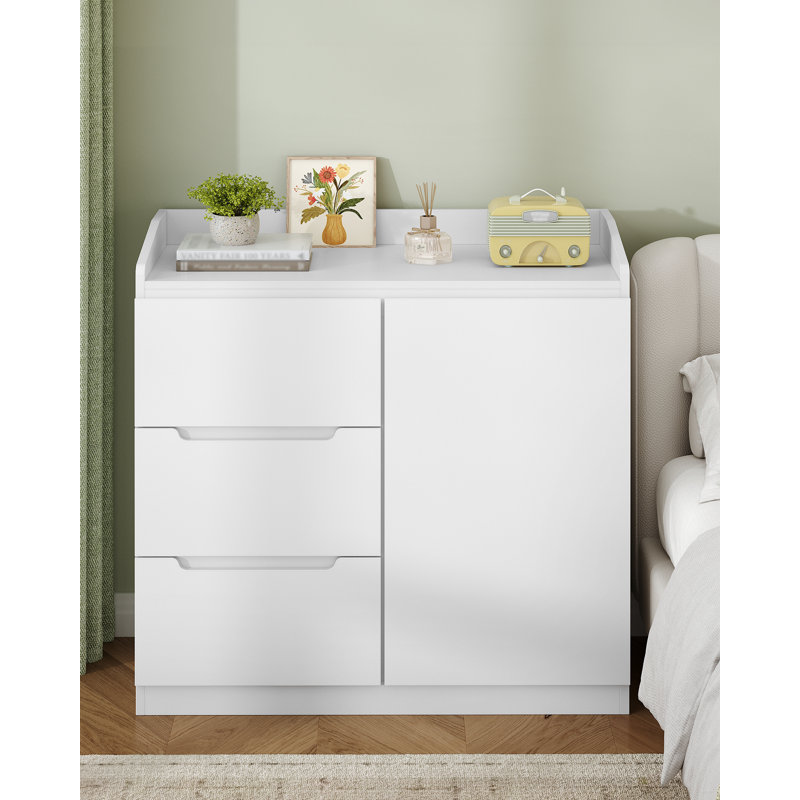 Chest of Drawers, White Drawers for Bedroom, 3 Storage Drawer and 1 Storage Cabinet for Living Room, Modern Wooden Chest Drawer, White 