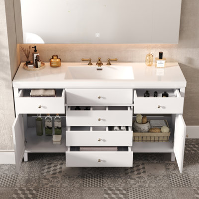 Meuble-lavabo moderne avec lavabo SMC, grand rangement, tiroirs à fermeture en douceur, portes en rotin et pieds en pin durable