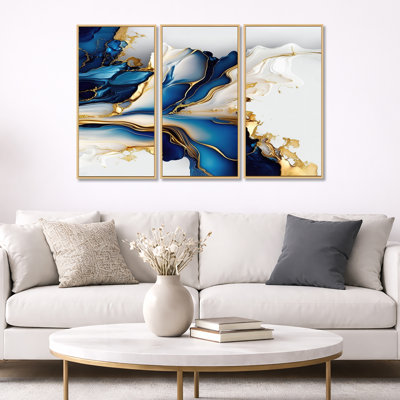 Abstract Geode Gold And Blue Marble Shape III - modern 3 Piece Print on Canvas