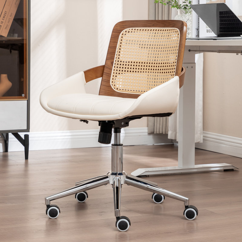 Swivel Home Office Chair - Upholstered Faux Leather & Rattan Back Desk Chair, Ergonomic Executive Chair with Lumbar Support