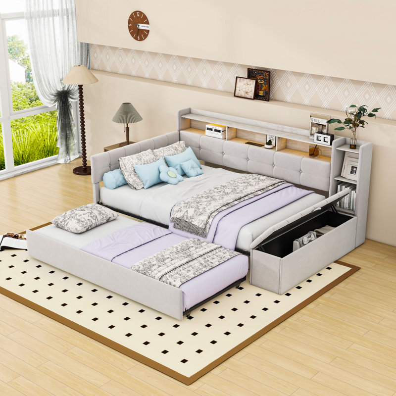Upholstered Daybed with Trundle, Charging Station and LED, Beige, Full