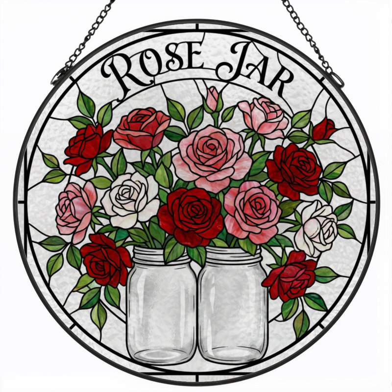 7.8"H Rose Jar Stained Glass Window Panel