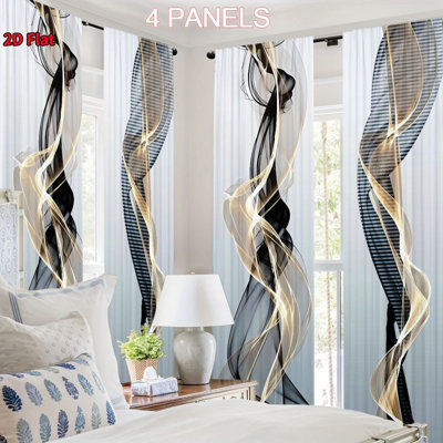 4Pcs Modern Minimalist Abstract Black Gold Swirl Pattern Digital Printing Curtains with Rod Pocket, Suitable for Living Room, Bedroom, Dining, Hotel, Home Decor, Privacy Protection, Darkening, Window Drapes