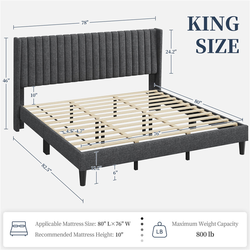 Upholstered Panel Bed, Dark Gray, King