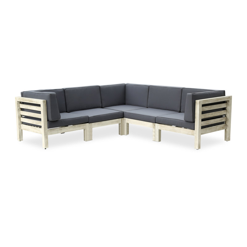 30.25 " W L-Shaped Acacia Solid Wood Patio Sectional with Cushions, Brown Frame / Beige Cushion