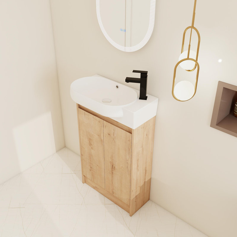 23" Freestanding Single Bathroom Vanity with Ceramic Top，Floor Standing Vanity with 2 Soft Close Doors and 1 Adjustable Shelf