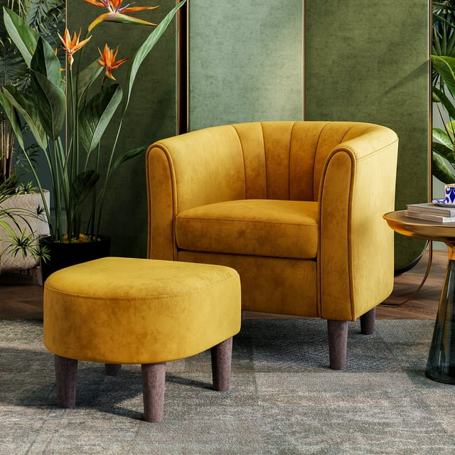 Torrence Upholstered Barrel Chair with Ottoman, Yellow Velvet