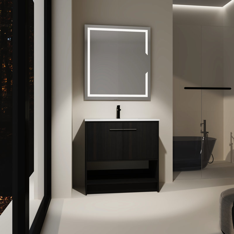 Meuble-lavabo 36 po avec lavabo en céramique et armoire en contreplaqué, 2 portes, autoportant, facile à assembler dans un évier en chêne noir, armoires de base, teinte foncée à fermeture douce