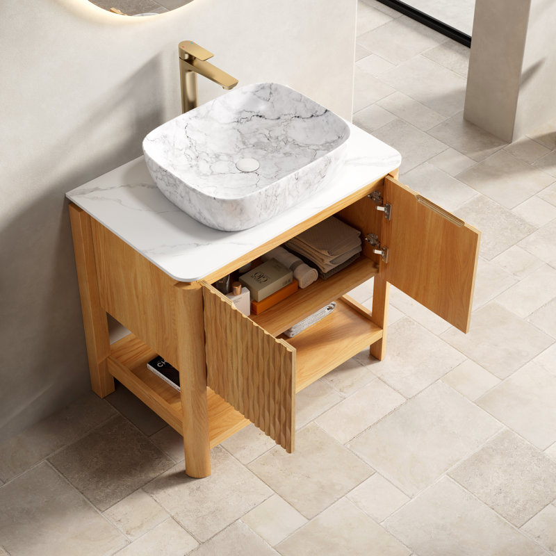 Meuble-lavabo de 30 pouces avec portes en bambou texturé, plateau en pierre frittée et lavabo en céramique