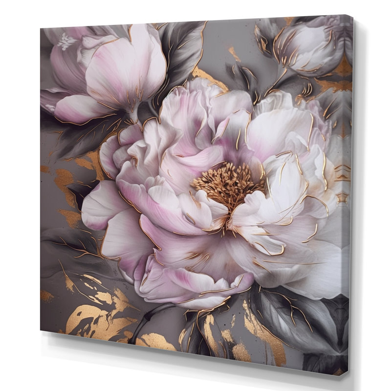" Pink Grey Peonies Elegance III ", 16" H x 16" W x 1" D, Wrapped Canvas