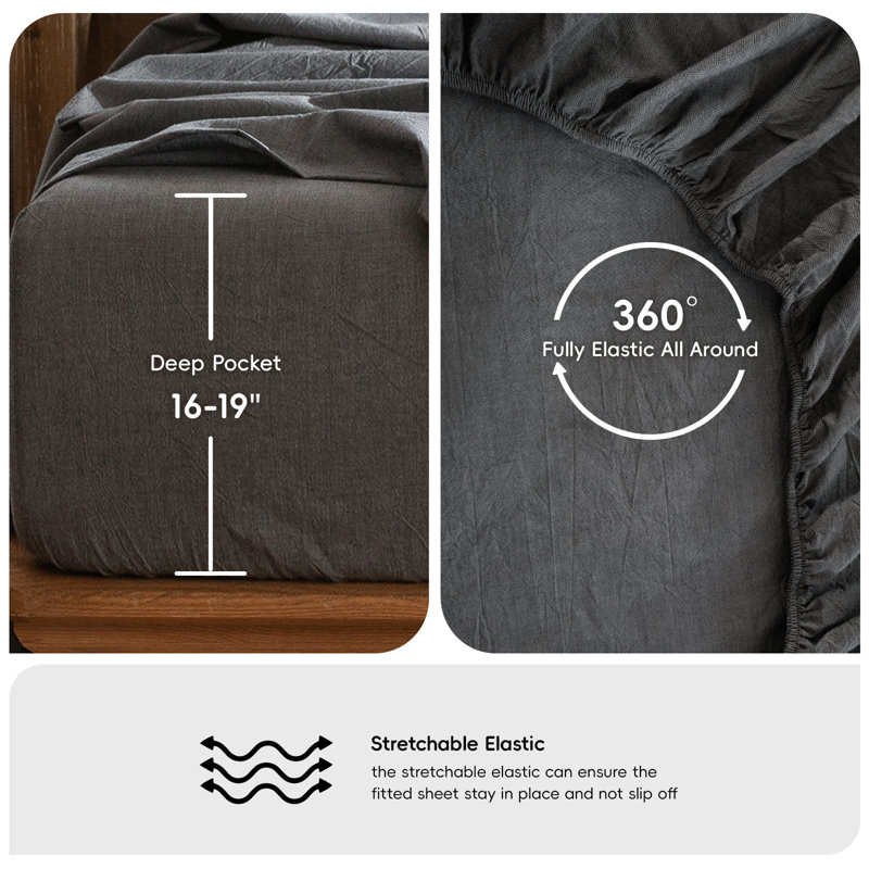 MooMee Sheet Set Extra Deep Pocket 100% Washed Cotton Linen Like Textured Lightweight Breathable, Dark Gray