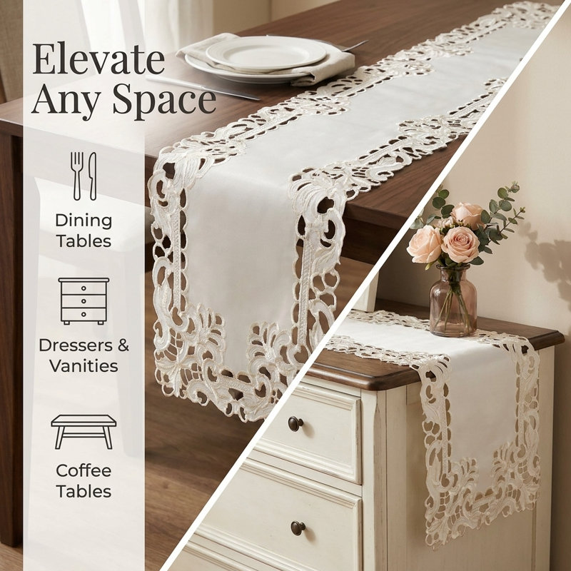 Light Beige Lace Table Runner with Elegant Cutwork Embroidery for Dining Table and Christmas Decor