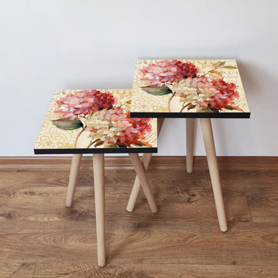 Elegant Nesting Table Set (2 Pieces), Impressionist Flower Design, Beech Wood Legs, Larger Table: 13.8 x 18.5 x 13.8 inches | 100% MDF, Thickness: 0.7 inches | Perfect for Living Room or Accent Decor