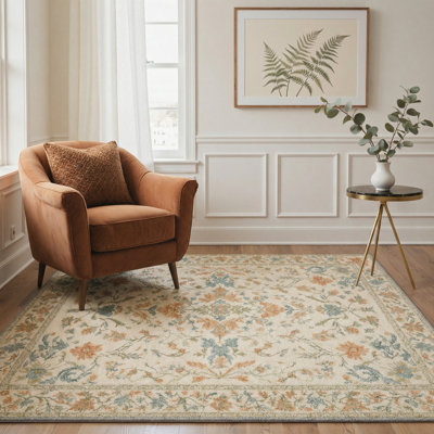 Tapis floral beige / orange / bleu sarcelle lavable à la machine avec envers antidérapant