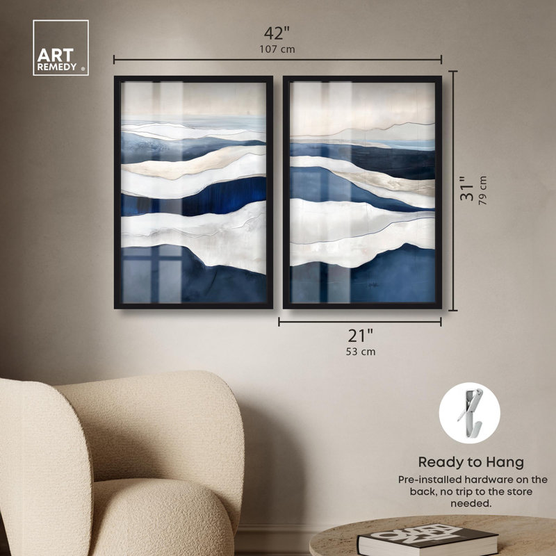 Ensemble d'art mural encadré Artful Blue Waves Duo Shadowbox par Art Remedy, cadre noir, 20 x 30, H 31 po x l 21 po