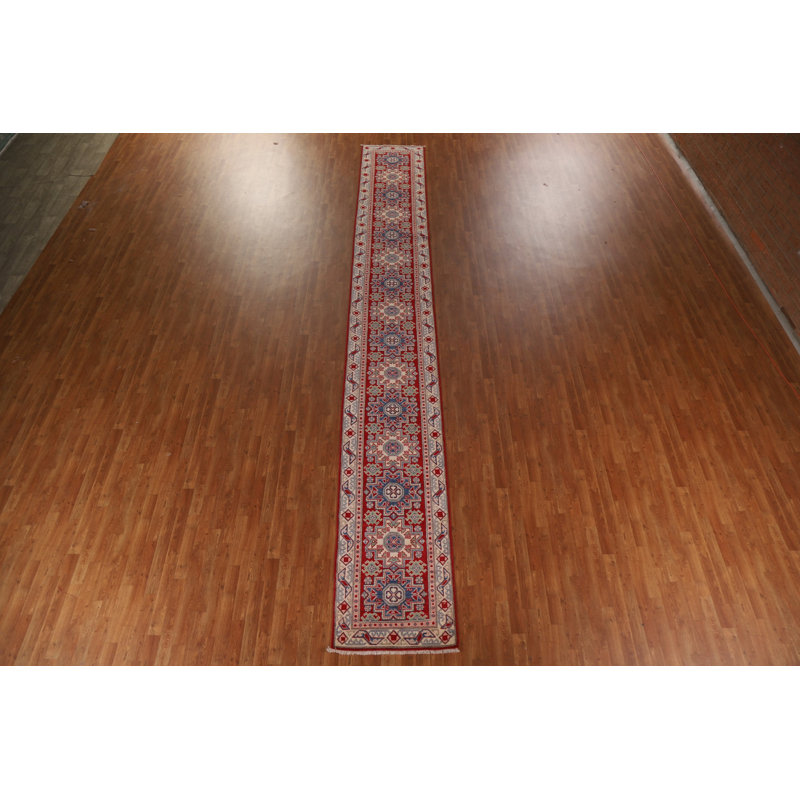 Handmade Kazak Geometric Runner Rug 3x19