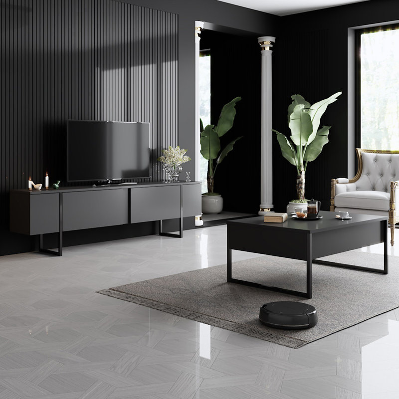 Ensemble de mobilier de salon moderne, panneau de particules enduit 100% mélamine, anthracite et noir, meuble télé 70,9 po x 11,8 po x 18,5 po et table basse 35,4 po x 15,4 po x 15,7 po | Pieds en PVC durable, design industriel élégant