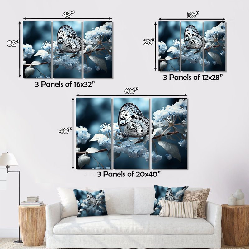 Impression sur toile 3 pièces Blue Blue Butterfly Haven II, H 32 po x l 48 po x P 1 po