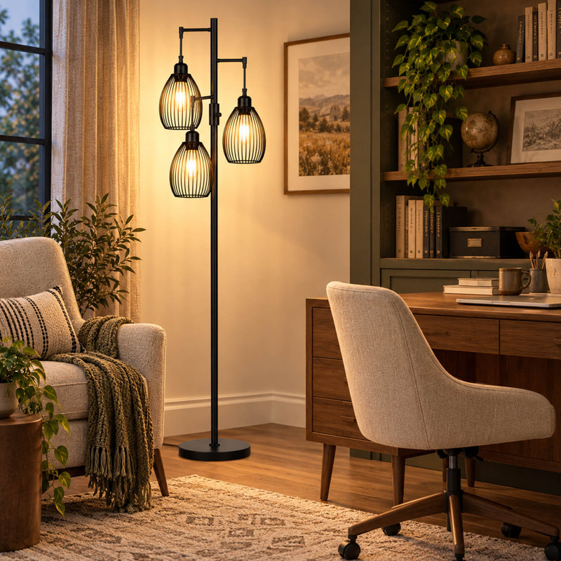 Lampe sur pied industrielle à 3 lumières avec ampoules Edison et variateur de salon